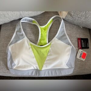 Reebok Hero Racer B Sports Bra – White/Gray/Neon, Medium Support (M)